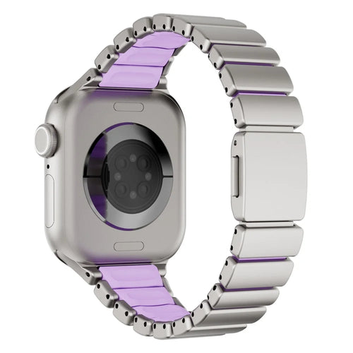 Strap for Apple Watch Series 11 10 42mm  /  9 8 7 41mm  /  SE3 SE2 SE 6 5 4 40mm  /  3 2 1 38mm Stainless Steel + Silicone Replacement Band with Magnetic Buckle - Titanium+Purple - 1