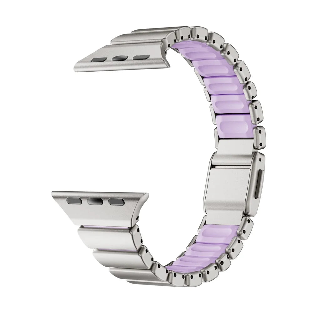 Strap for Apple Watch Series 11 10 42mm  /  9 8 7 41mm  /  SE3 SE2 SE 6 5 4 40mm  /  3 2 1 38mm Stainless Steel + Silicone Replacement Band with Magnetic Buckle - Titanium+Purple - 2