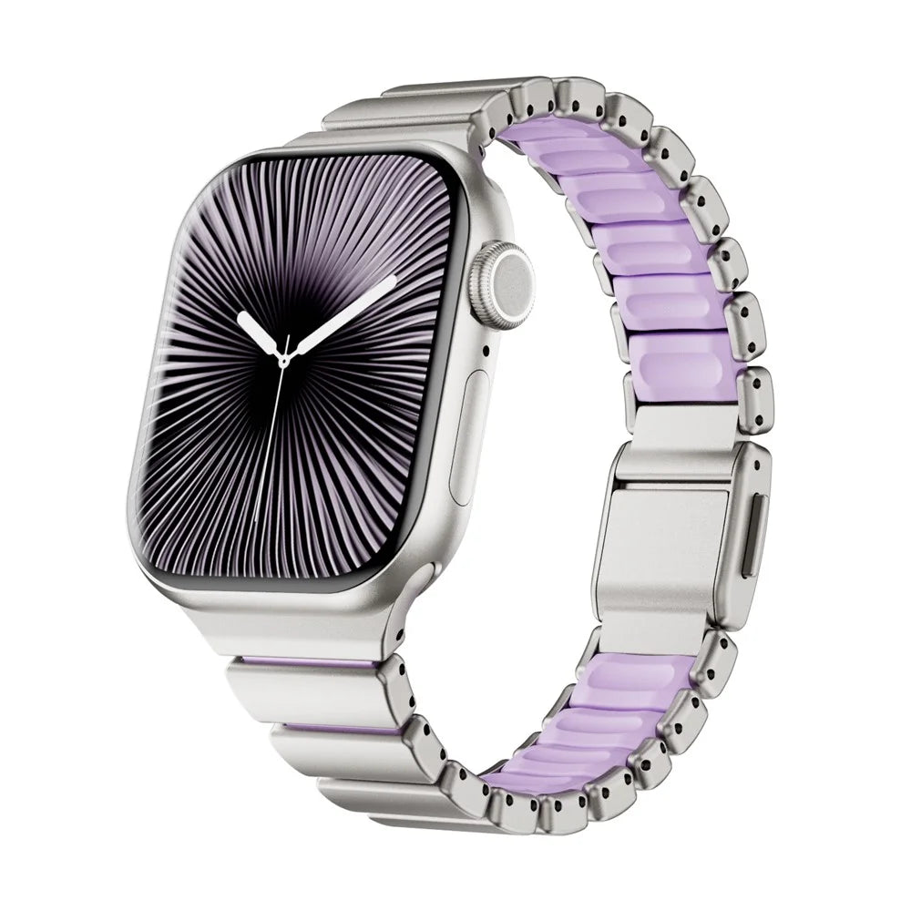 Strap for Apple Watch Series 11 10 42mm  /  9 8 7 41mm  /  SE3 SE2 SE 6 5 4 40mm  /  3 2 1 38mm Stainless Steel + Silicone Replacement Band with Magnetic Buckle - Titanium+Purple - 3