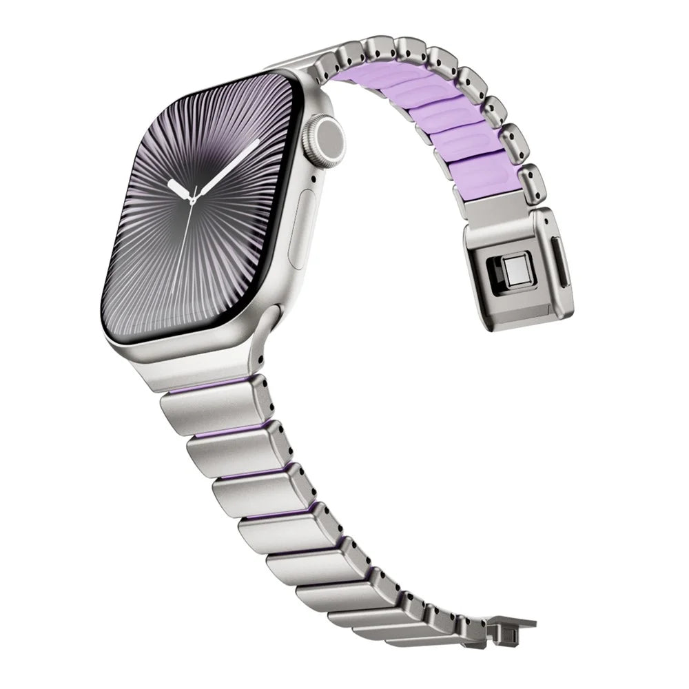 Strap for Apple Watch Series 11 10 42mm  /  9 8 7 41mm  /  SE3 SE2 SE 6 5 4 40mm  /  3 2 1 38mm Stainless Steel + Silicone Replacement Band with Magnetic Buckle - Titanium+Purple - 4