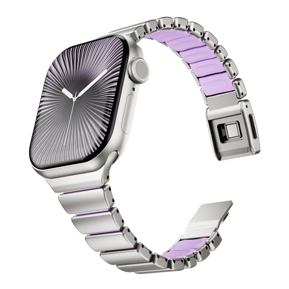 Strap for Apple Watch Series 11 10 42mm  /  9 8 7 41mm  /  SE3 SE2 SE 6 5 4 40mm  /  3 2 1 38mm Stainless Steel + Silicone Replacement Band with Magnetic Buckle - Titanium+Purple - 5