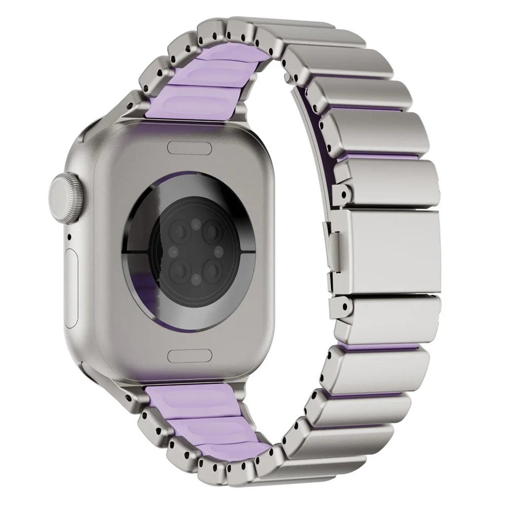 Strap for Apple Watch Series 11 10 42mm  /  9 8 7 41mm  /  SE3 SE2 SE 6 5 4 40mm  /  3 2 1 38mm Stainless Steel + Silicone Replacement Band with Fold-over Clasp - Titanium+Purple - 1