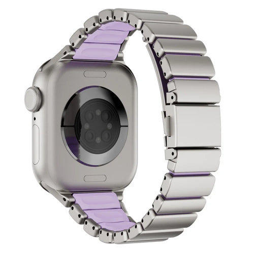 Strap for Apple Watch Series 11 10 42mm  /  9 8 7 41mm  /  SE3 SE2 SE 6 5 4 40mm  /  3 2 1 38mm Stainless Steel + Silicone Replacement Band with Fold-over Clasp - Titanium+Purple - 1