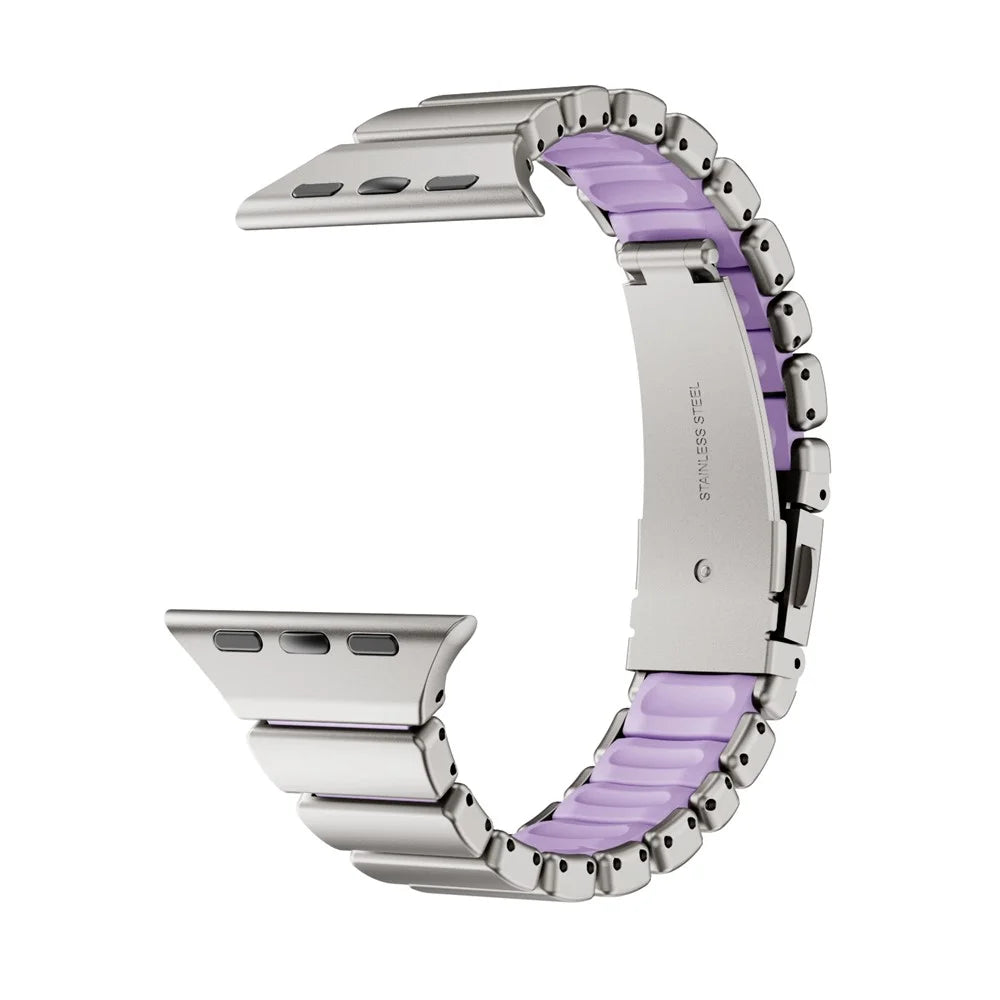Strap for Apple Watch Series 11 10 42mm  /  9 8 7 41mm  /  SE3 SE2 SE 6 5 4 40mm  /  3 2 1 38mm Stainless Steel + Silicone Replacement Band with Fold-over Clasp - Titanium+Purple - 2