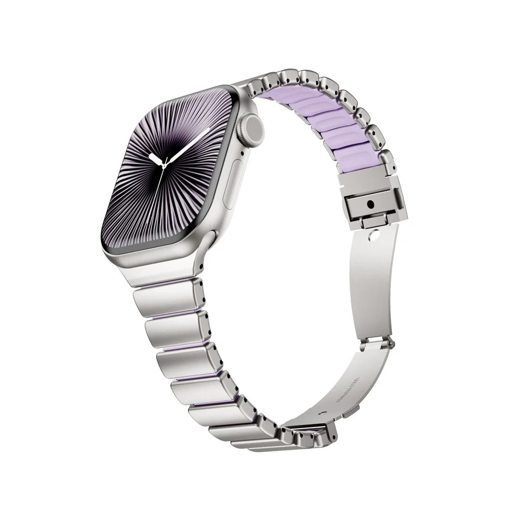 Strap for Apple Watch Series 11 10 42mm  /  9 8 7 41mm  /  SE3 SE2 SE 6 5 4 40mm  /  3 2 1 38mm Stainless Steel + Silicone Replacement Band with Fold-over Clasp - Titanium+Purple - 4