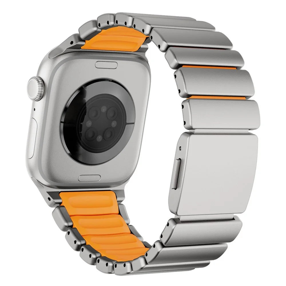 Strap for Apple Watch Ultra 3 2 1 49mm  /  Series 11 10 46mm  /  9 8 7 45mm  /  SE3 SE2 SE 6 5 4 44mm  /  3 2 1 42mm Zinc Alloy + Silicone Watch Band with Magnetic Buckle - Titanium+Orange - 1