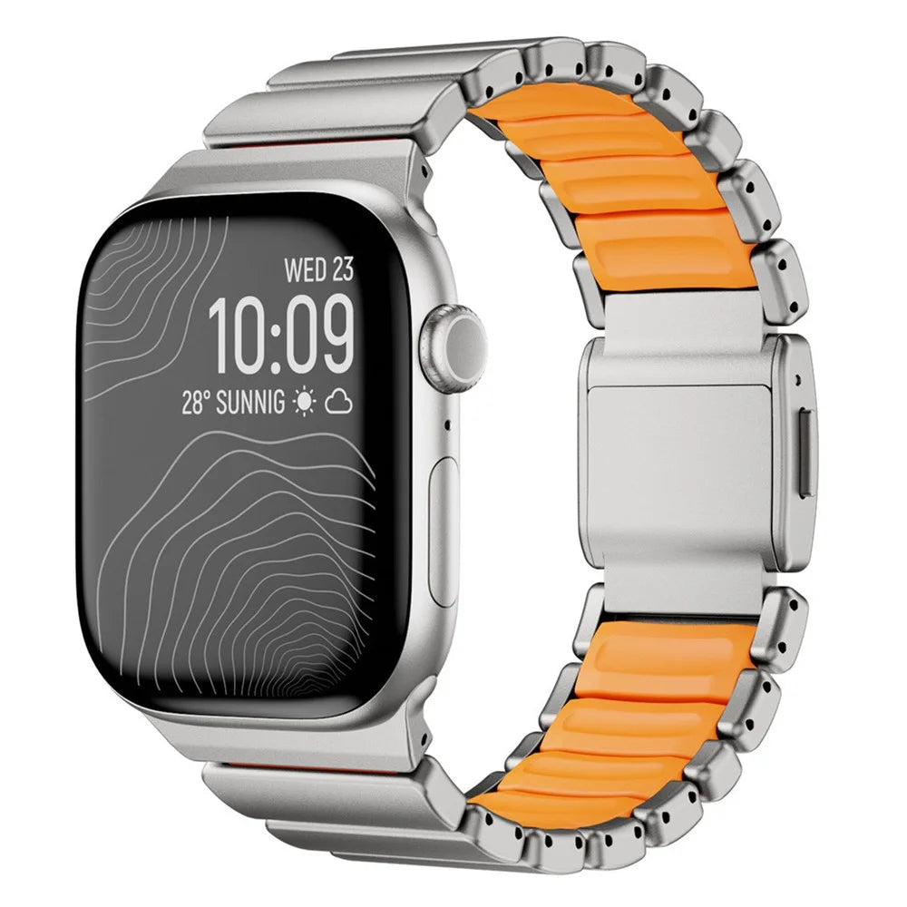 Strap for Apple Watch Ultra 3 2 1 49mm  /  Series 11 10 46mm  /  9 8 7 45mm  /  SE3 SE2 SE 6 5 4 44mm  /  3 2 1 42mm Zinc Alloy + Silicone Watch Band with Magnetic Buckle - Titanium+Orange - 2