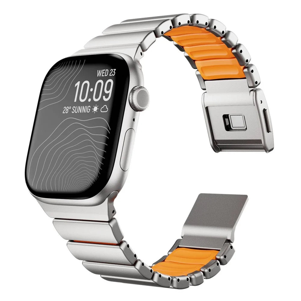 Strap for Apple Watch Ultra 3 2 1 49mm  /  Series 11 10 46mm  /  9 8 7 45mm  /  SE3 SE2 SE 6 5 4 44mm  /  3 2 1 42mm Zinc Alloy + Silicone Watch Band with Magnetic Buckle - Titanium+Orange - 3