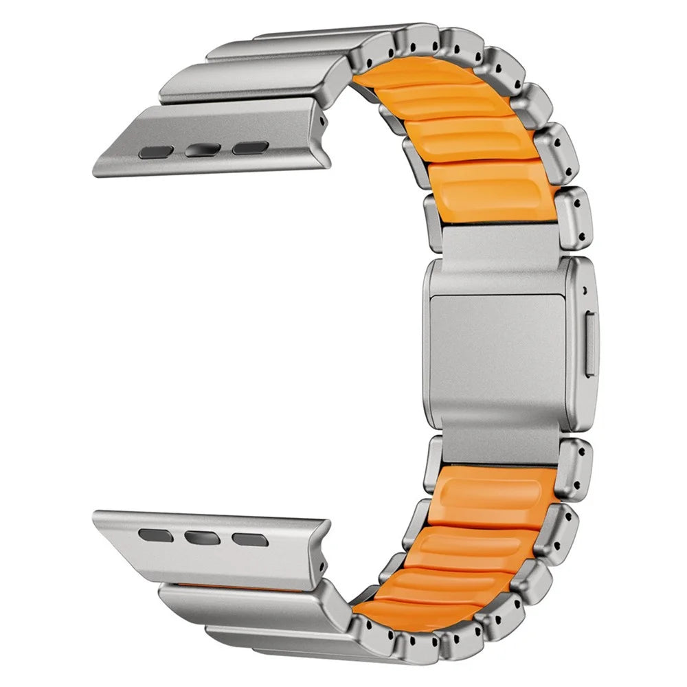 Strap for Apple Watch Ultra 3 2 1 49mm  /  Series 11 10 46mm  /  9 8 7 45mm  /  SE3 SE2 SE 6 5 4 44mm  /  3 2 1 42mm Zinc Alloy + Silicone Watch Band with Magnetic Buckle - Titanium+Orange - 4