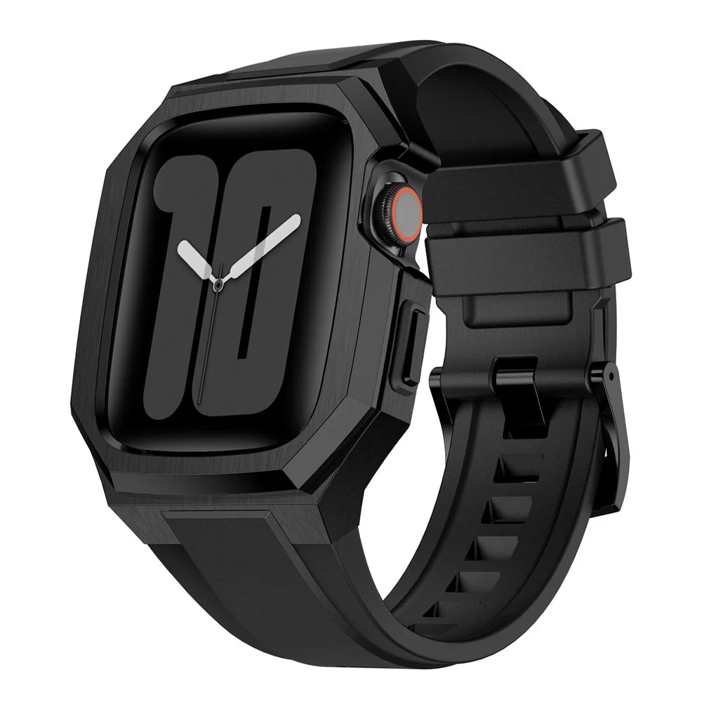 For Apple Watch Series 11 46mm / Series 10 46mm Stainless Steel Watch Case with Integrated Fluororubber Strap - Black - 1