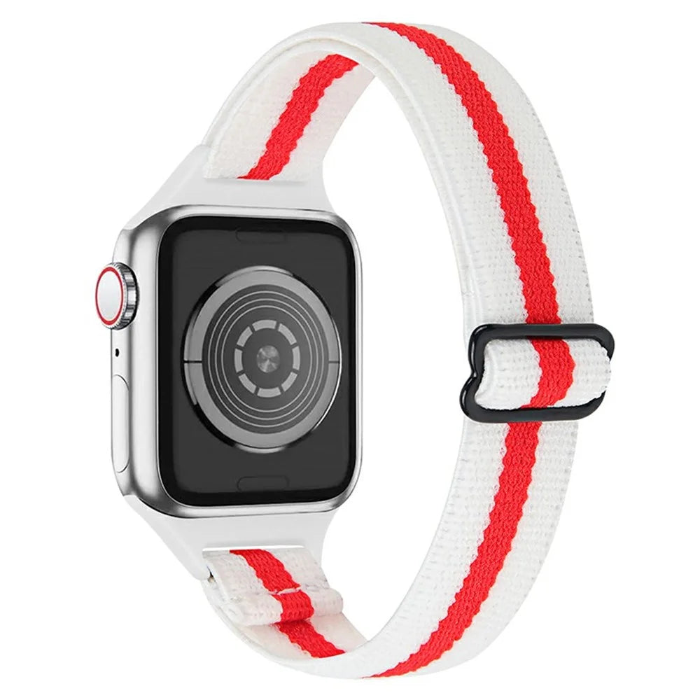 Elastic Braided Nylon Smart Watch Band Replacement Wrist Strap for Apple Watch Ultra 49mm / Series 8 45mm / 7 45mm / 1 / 2 / 3 42mm 4 / 5 / 6 / SE / SE (2022) 44mm - White / Red - 1