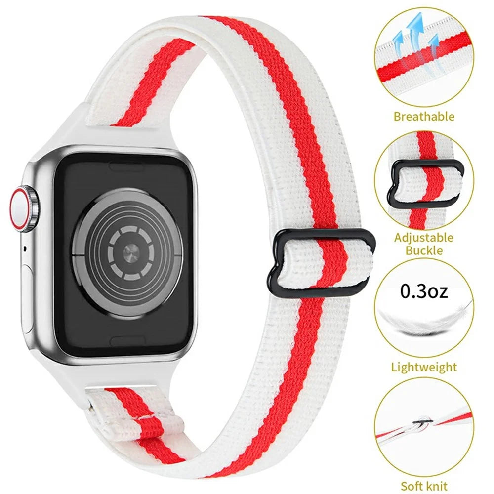 Elastic Braided Nylon Smart Watch Band Replacement Wrist Strap for Apple Watch Ultra 49mm / Series 8 45mm / 7 45mm / 1 / 2 / 3 42mm 4 / 5 / 6 / SE / SE (2022) 44mm - White / Red - 3