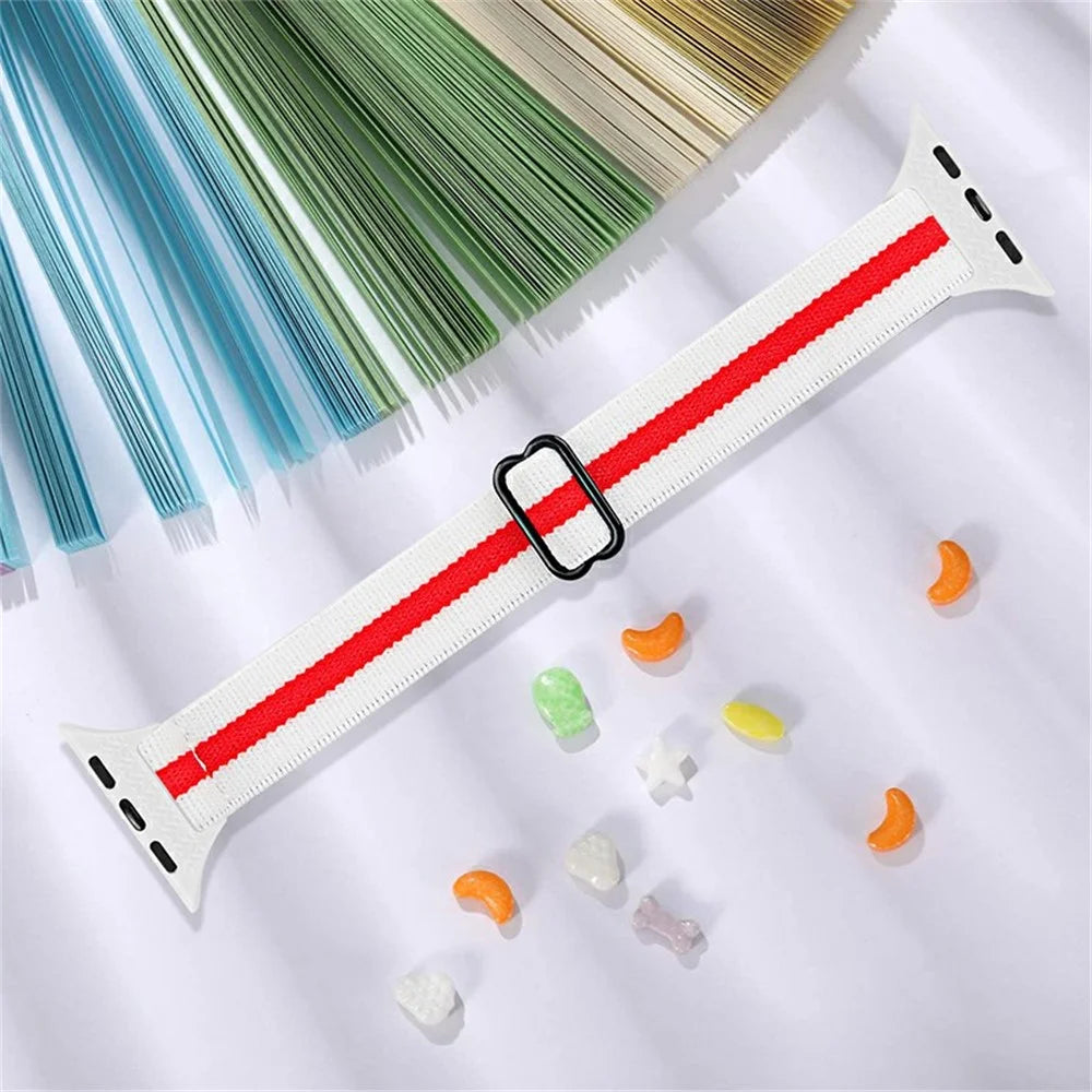 Elastic Braided Nylon Smart Watch Band Replacement Wrist Strap for Apple Watch Ultra 49mm / Series 8 45mm / 7 45mm / 1 / 2 / 3 42mm 4 / 5 / 6 / SE / SE (2022) 44mm - White / Red - 4