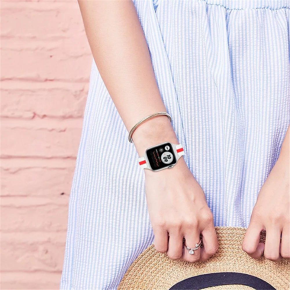 Elastic Braided Nylon Smart Watch Band Replacement Wrist Strap for Apple Watch Ultra 49mm / Series 8 45mm / 7 45mm / 1 / 2 / 3 42mm 4 / 5 / 6 / SE / SE (2022) 44mm - White / Red - 5