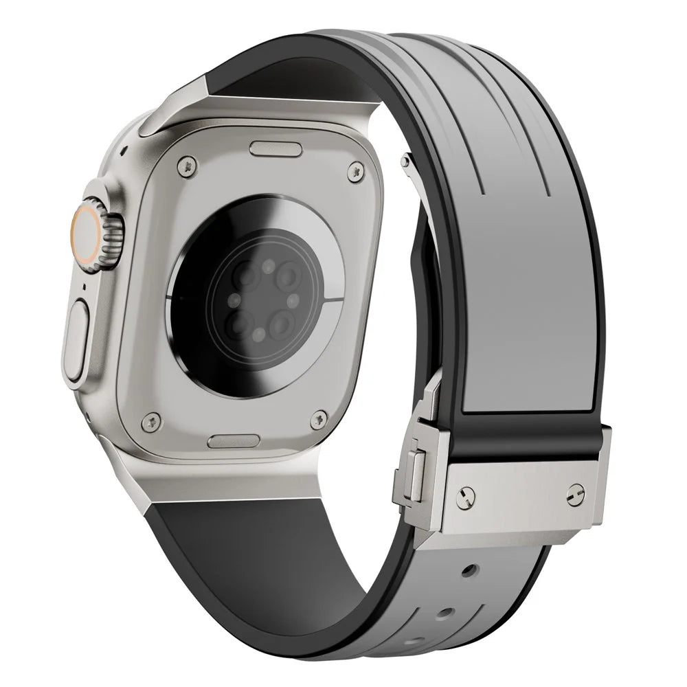 Strap for Apple Watch Ultra 3 2 1 49mm  /  Series 11 10 46mm  /  9 8 7 45mm  /  SE3 SE2 SE 6 5 4 44mm  /  3 2 1 42mm Silicone + Stainless Steel Dual Color Watch Band with Foldable Buckle - Titanium+Grey - 1