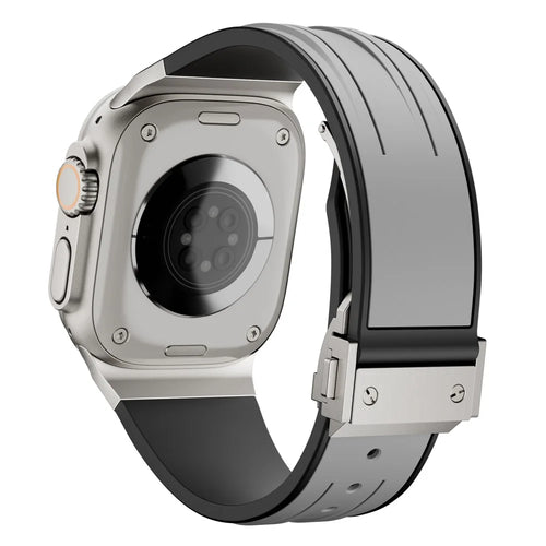 Strap for Apple Watch Ultra 3 2 1 49mm  /  Series 11 10 46mm  /  9 8 7 45mm  /  SE3 SE2 SE 6 5 4 44mm  /  3 2 1 42mm Silicone + Stainless Steel Dual Color Watch Band with Foldable Buckle - Titanium+Grey - 1