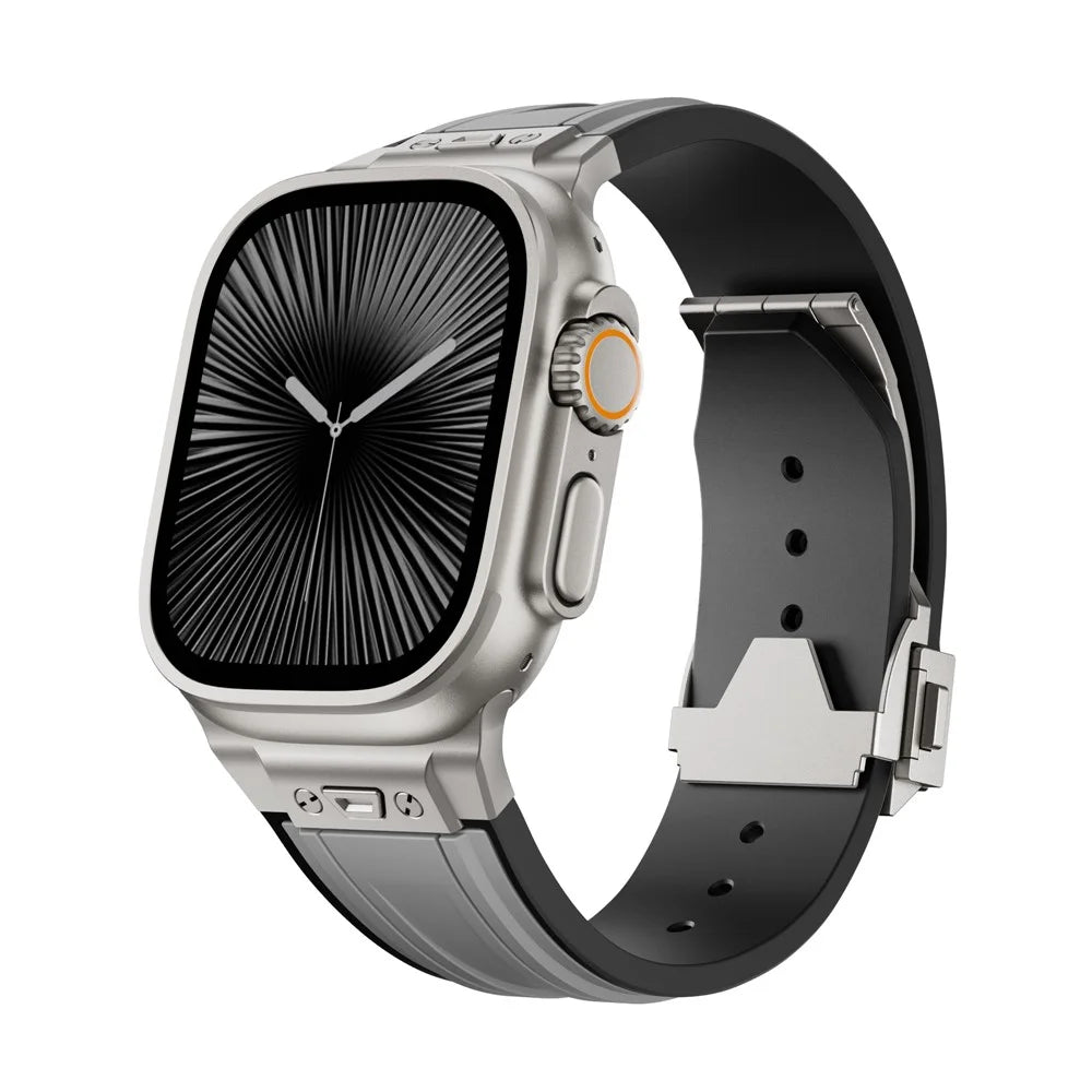 Strap for Apple Watch Ultra 3 2 1 49mm  /  Series 11 10 46mm  /  9 8 7 45mm  /  SE3 SE2 SE 6 5 4 44mm  /  3 2 1 42mm Silicone + Stainless Steel Dual Color Watch Band with Foldable Buckle - Titanium+Grey - 3