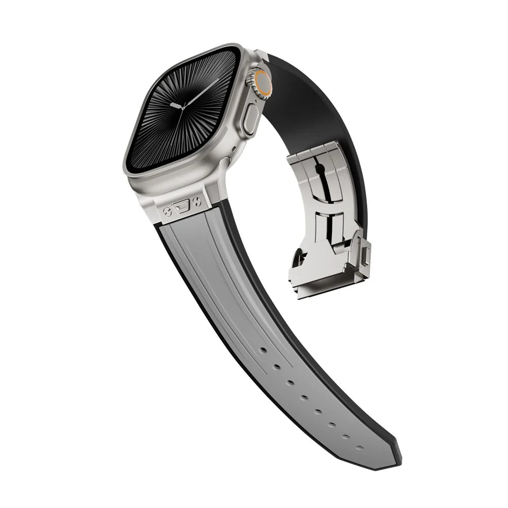 Strap for Apple Watch Ultra 3 2 1 49mm  /  Series 11 10 46mm  /  9 8 7 45mm  /  SE3 SE2 SE 6 5 4 44mm  /  3 2 1 42mm Silicone + Stainless Steel Dual Color Watch Band with Foldable Buckle - Titanium+Grey - 7