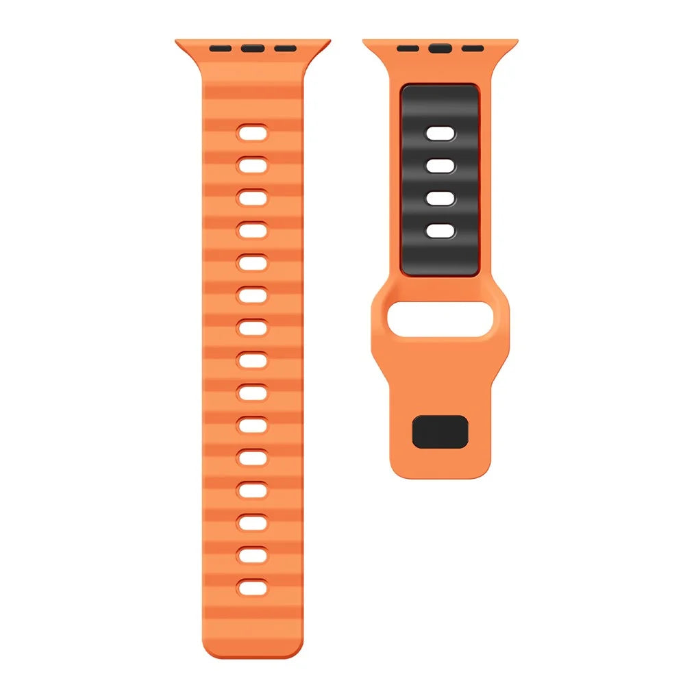 Silicone Strap for Apple Watch Ultra 3 2 1 49mm  /  Series 11 10 46mm  /  9 8 7 45mm  /  SE3 SE2 SE 6 5 4 44mm  /  3 2 1 42mm Wave Texture Dual Color Sports Wristband - Orange+Black - 1