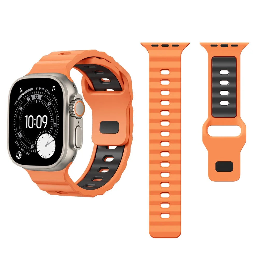 Silicone Strap for Apple Watch Ultra 3 2 1 49mm  /  Series 11 10 46mm  /  9 8 7 45mm  /  SE3 SE2 SE 6 5 4 44mm  /  3 2 1 42mm Wave Texture Dual Color Sports Wristband - Orange+Black - 2