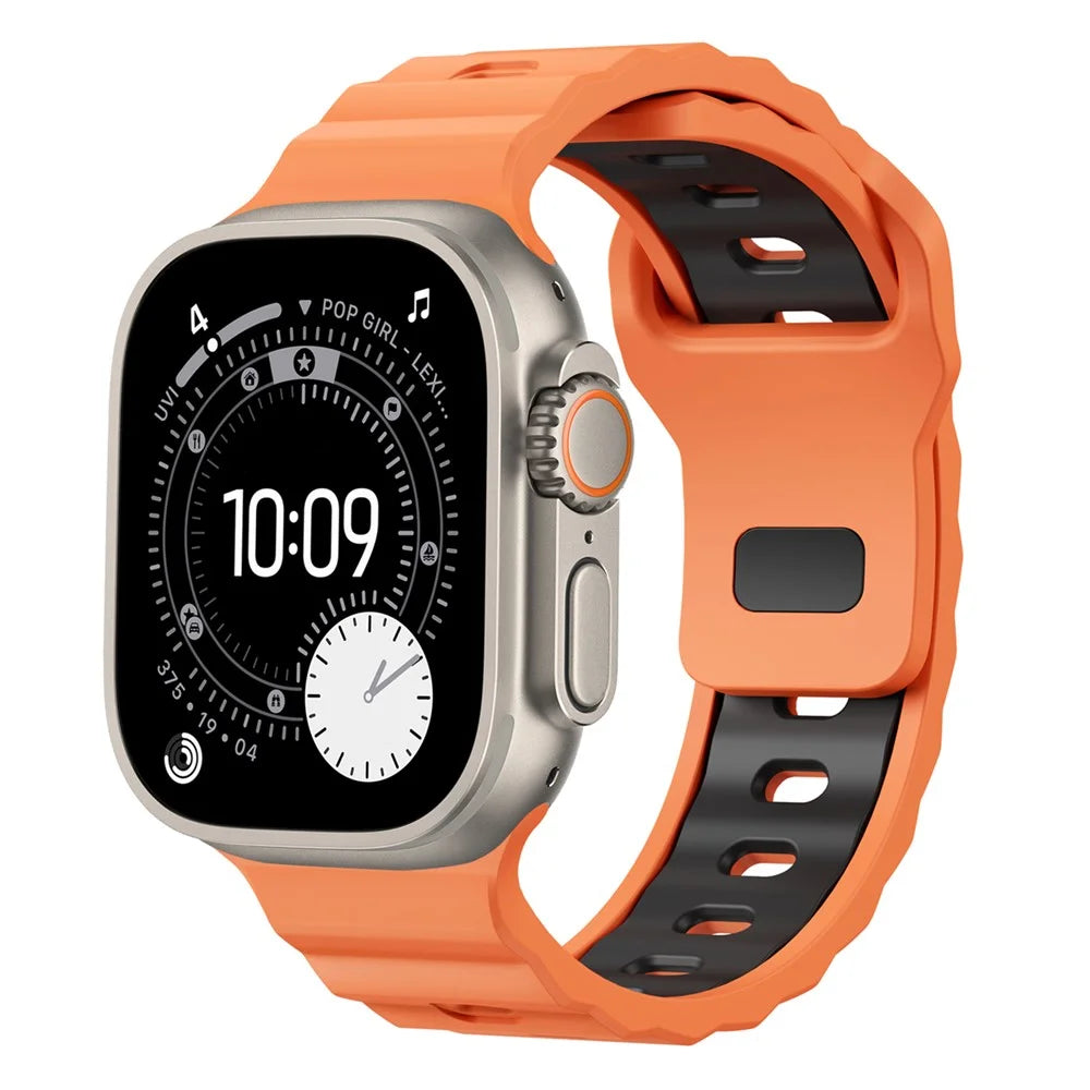 Silicone Strap for Apple Watch Ultra 3 2 1 49mm  /  Series 11 10 46mm  /  9 8 7 45mm  /  SE3 SE2 SE 6 5 4 44mm  /  3 2 1 42mm Wave Texture Dual Color Sports Wristband - Orange+Black - 3