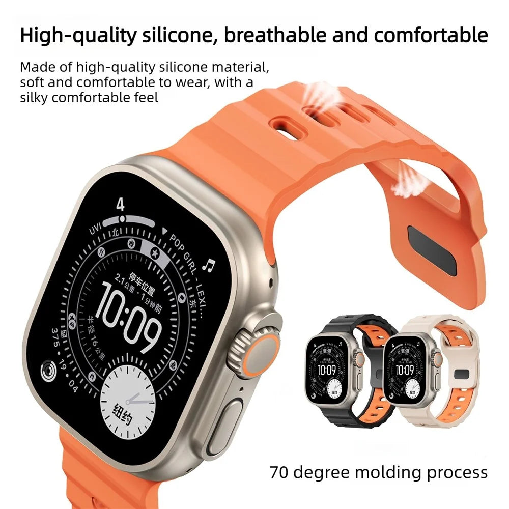Silicone Strap for Apple Watch Ultra 3 2 1 49mm  /  Series 11 10 46mm  /  9 8 7 45mm  /  SE3 SE2 SE 6 5 4 44mm  /  3 2 1 42mm Wave Texture Dual Color Sports Wristband - Orange+Black - 4