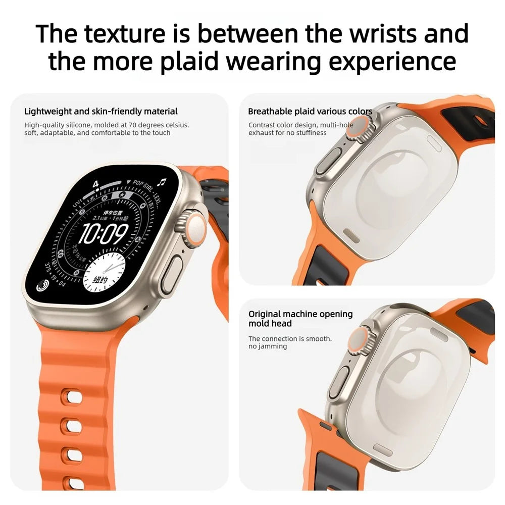 Silicone Strap for Apple Watch Ultra 3 2 1 49mm  /  Series 11 10 46mm  /  9 8 7 45mm  /  SE3 SE2 SE 6 5 4 44mm  /  3 2 1 42mm Wave Texture Dual Color Sports Wristband - Orange+Black - 5