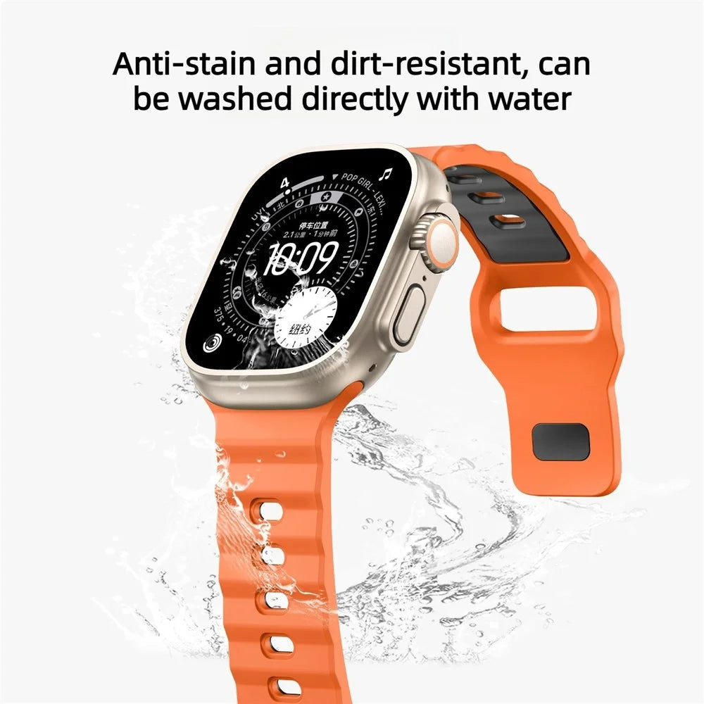 Silicone Strap for Apple Watch Ultra 3 2 1 49mm  /  Series 11 10 46mm  /  9 8 7 45mm  /  SE3 SE2 SE 6 5 4 44mm  /  3 2 1 42mm Wave Texture Dual Color Sports Wristband - Orange+Black - 6