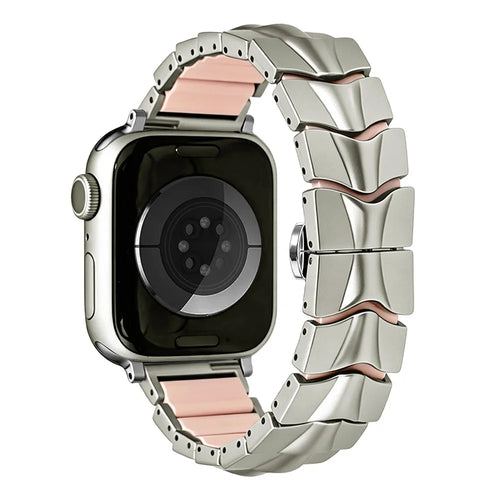 Metal + Silicone Strap for Apple Watch Series 11 10 42mm  /  9 8 7 41mm  /  SE3 SE2 SE 6 5 4 40mm  /  3 2 1 38mm Wave-Shaped Link Band Replacement Wristband - Starlight+Pink - Starlight+Pink - 1