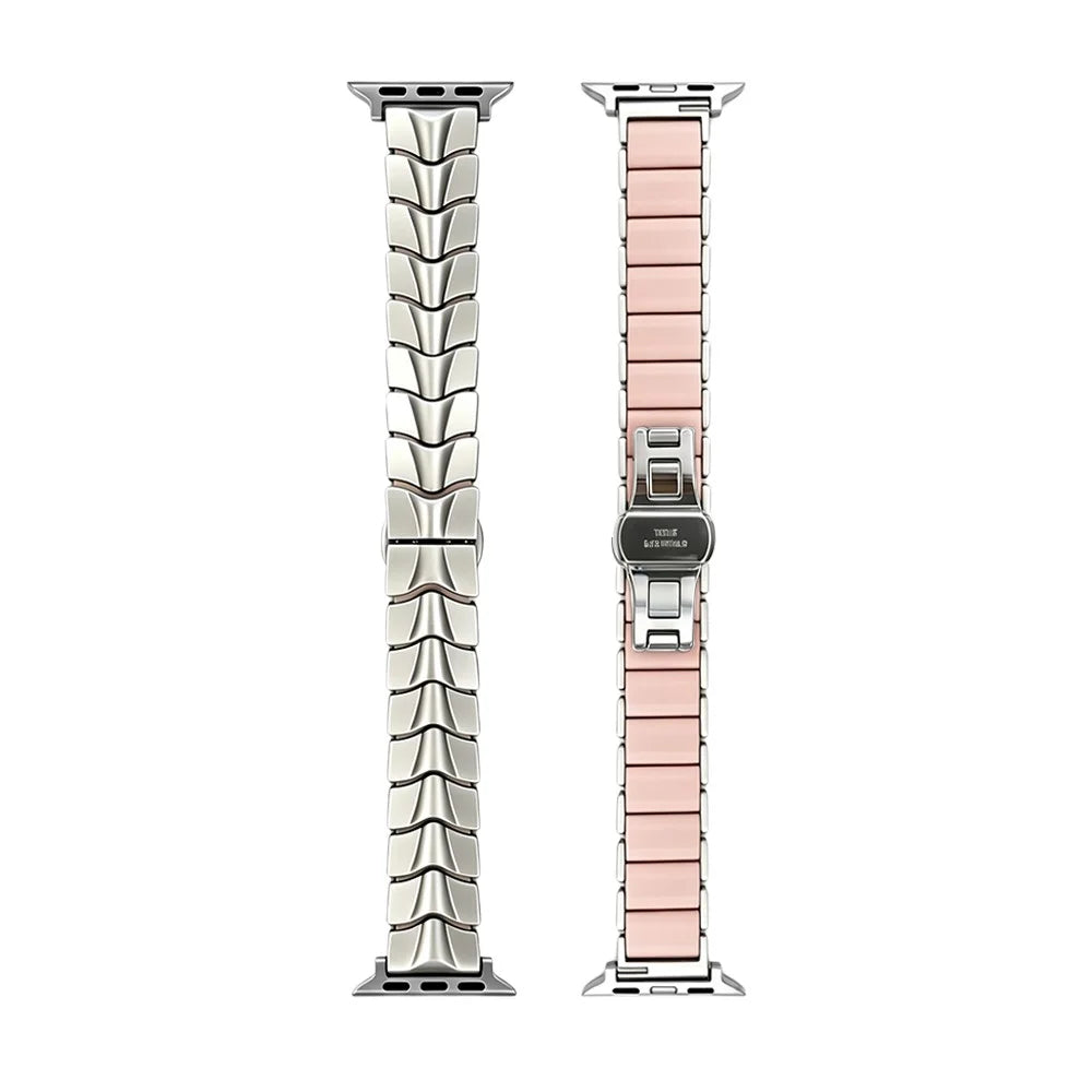 Metal + Silicone Strap for Apple Watch Series 11 10 42mm  /  9 8 7 41mm  /  SE3 SE2 SE 6 5 4 40mm  /  3 2 1 38mm Wave-Shaped Link Band Replacement Wristband - Starlight+Pink - Starlight+Pink - 3