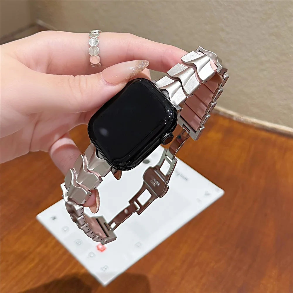Metal + Silicone Strap for Apple Watch Series 11 10 42mm  /  9 8 7 41mm  /  SE3 SE2 SE 6 5 4 40mm  /  3 2 1 38mm Wave-Shaped Link Band Replacement Wristband - Starlight+Pink - Starlight+Pink - 5