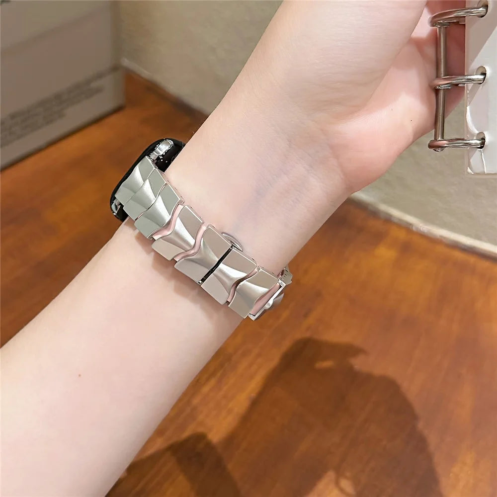 Metal + Silicone Strap for Apple Watch Series 11 10 42mm  /  9 8 7 41mm  /  SE3 SE2 SE 6 5 4 40mm  /  3 2 1 38mm Wave-Shaped Link Band Replacement Wristband - Starlight+Pink - Starlight+Pink - 6
