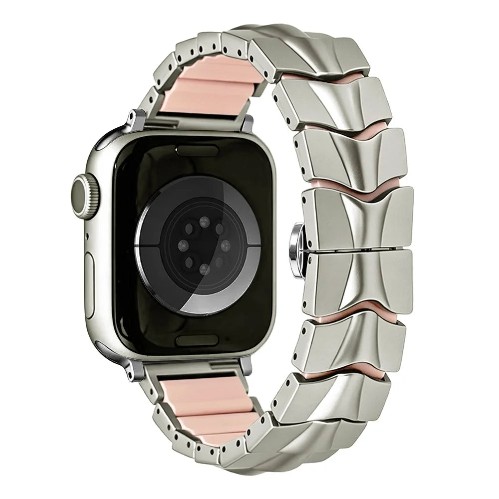 Metal + Silicone Strap for Apple Watch Ultra 3 2 1 49mm  /  Series 11 10 46mm  /  9 8 7 45mm  /  SE3 SE2 SE 6 5 4 44mm  /  3 2 1 42mm Wave-Shaped Link Band Replacement Wristband - Starlight+Pink - 1