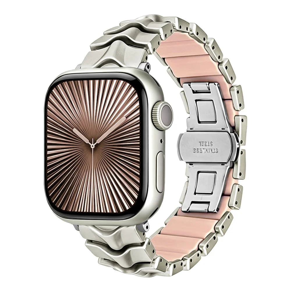 Metal + Silicone Strap for Apple Watch Ultra 3 2 1 49mm  /  Series 11 10 46mm  /  9 8 7 45mm  /  SE3 SE2 SE 6 5 4 44mm  /  3 2 1 42mm Wave-Shaped Link Band Replacement Wristband - Starlight+Pink - 2