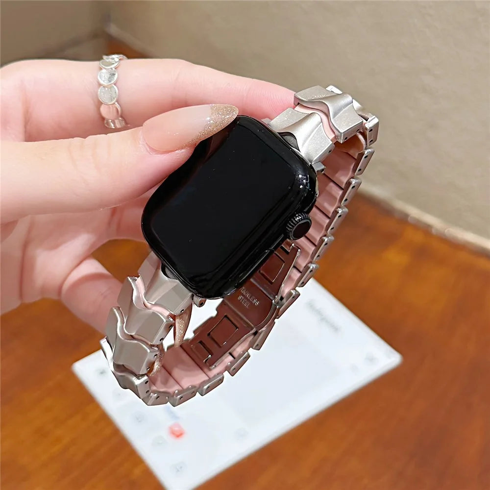 Metal + Silicone Strap for Apple Watch Ultra 3 2 1 49mm  /  Series 11 10 46mm  /  9 8 7 45mm  /  SE3 SE2 SE 6 5 4 44mm  /  3 2 1 42mm Wave-Shaped Link Band Replacement Wristband - Starlight+Pink - 4