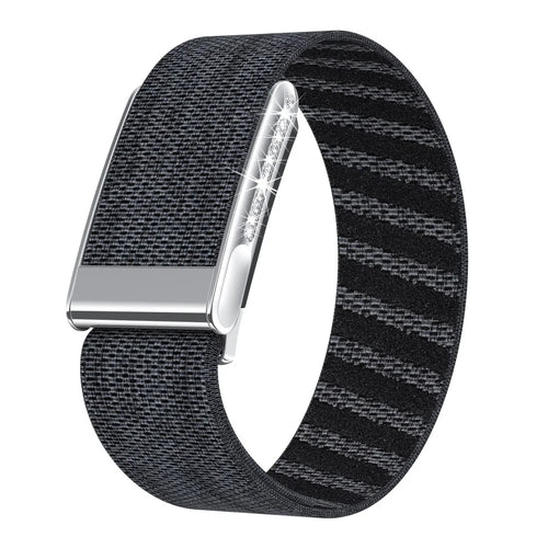 For WHOOP LIFE / WHOOP 5.0 LIFE MG Strap Nylon Band Woven Sport Wristband with Rhinestones Decor - Black Grey / Silver Frame - 1