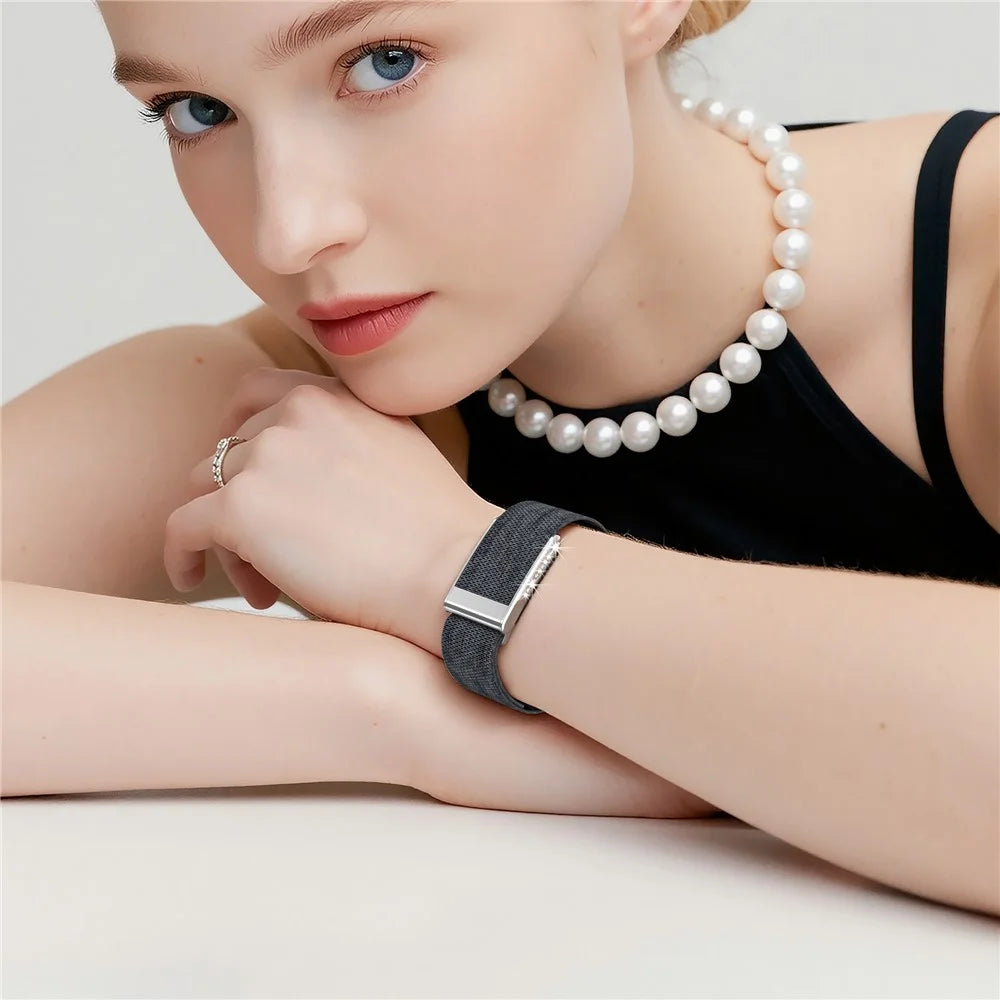 For WHOOP LIFE / WHOOP 5.0 LIFE MG Strap Nylon Band Woven Sport Wristband with Rhinestones Decor - Black Grey / Silver Frame - 5