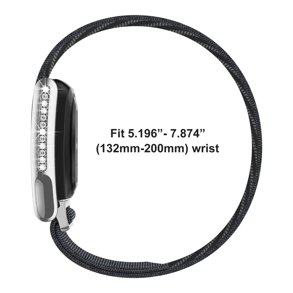 For WHOOP LIFE / WHOOP 5.0 LIFE MG Strap Nylon Band Woven Sport Wristband with Rhinestones Decor - Black Grey / Silver Frame - 6