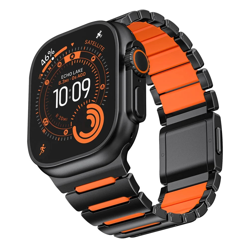Watch Strap for Apple Watch Ultra 3 2 1 49mm / Series 11 10 46mm / 9 8 7 45mm / SE3 SE2 SE 6 5 4 44mm / 3 2 1 42mm Titanium Alloy + Silicone Wristband - Black+Orange - 4