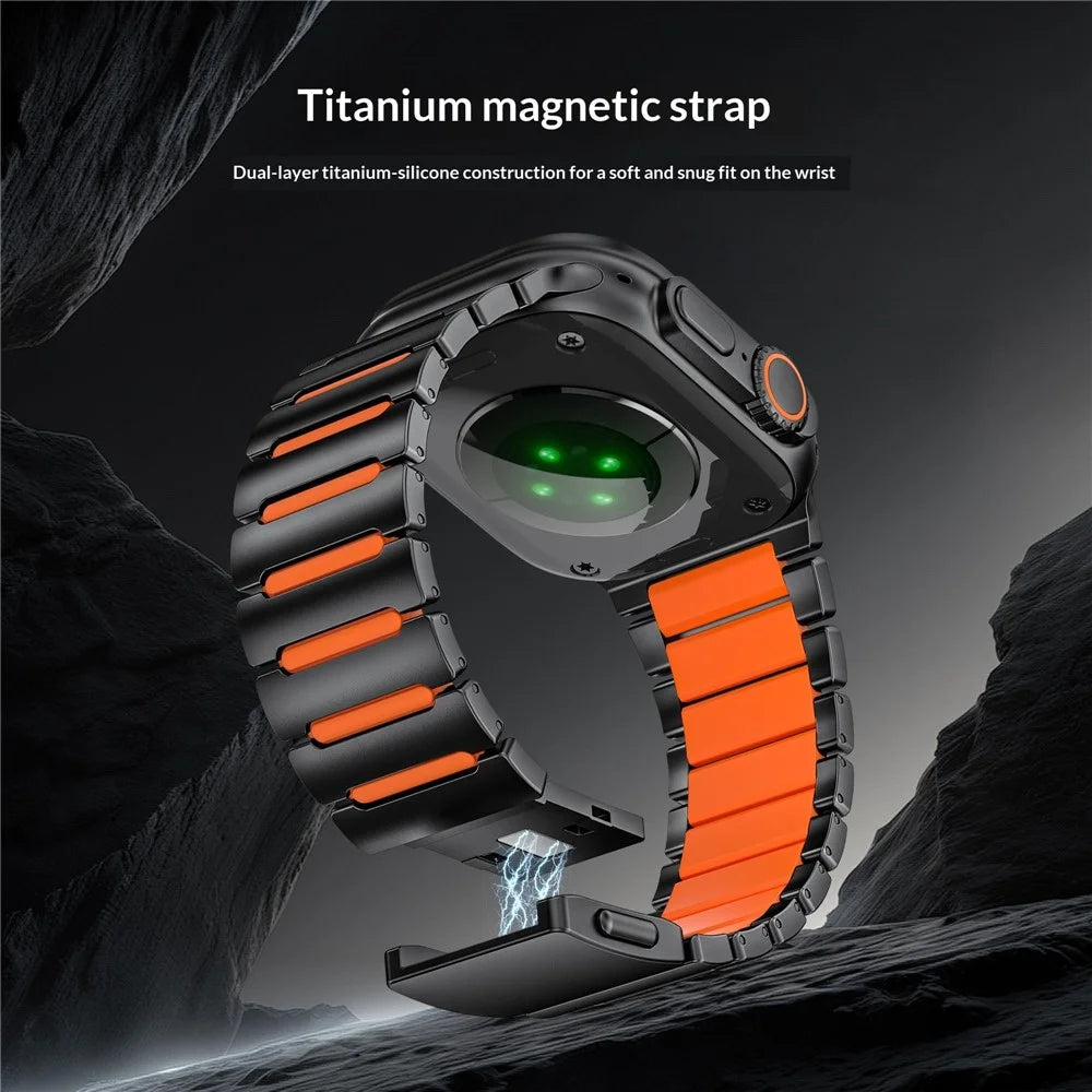 Watch Strap for Apple Watch Ultra 3 2 1 49mm / Series 11 10 46mm / 9 8 7 45mm / SE3 SE2 SE 6 5 4 44mm / 3 2 1 42mm Titanium Alloy + Silicone Wristband - Black+Orange - 5