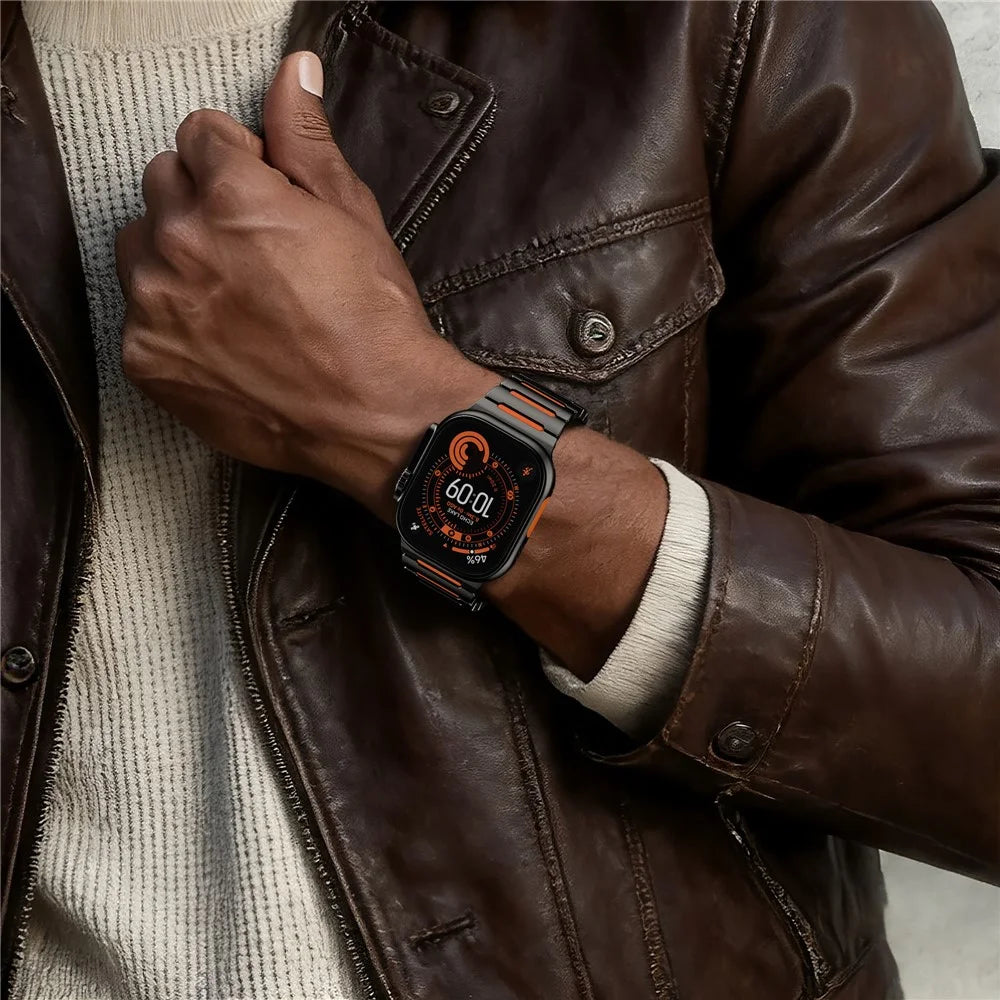Watch Strap for Apple Watch Ultra 3 2 1 49mm / Series 11 10 46mm / 9 8 7 45mm / SE3 SE2 SE 6 5 4 44mm / 3 2 1 42mm Titanium Alloy + Silicone Wristband - Black+Orange - 6
