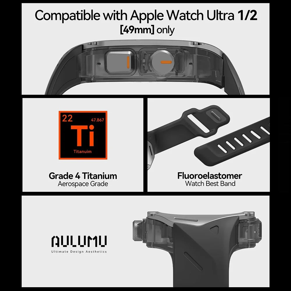 AULUMU A01 For Apple Watch Ultra 2 49mm  /  Ultra 49mm Fluoroelastomer Strap with Integrated Titanium Alloy + PC Watch Case - Black - 3
