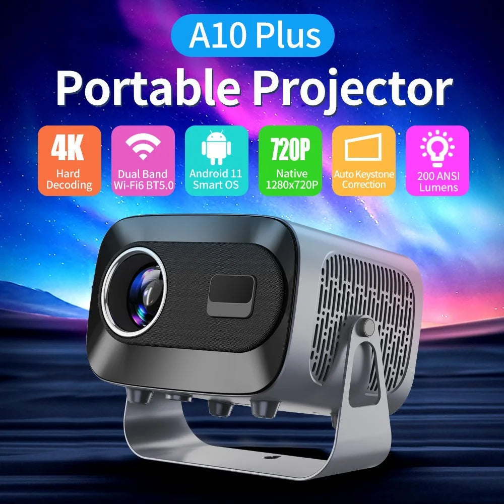 A10 PLUS Portable Smart Projector 720P Native 4K Decoding Android 11 WiFi 200 ANSI Lumens Home Theater - Black  /  EU Plug - 4