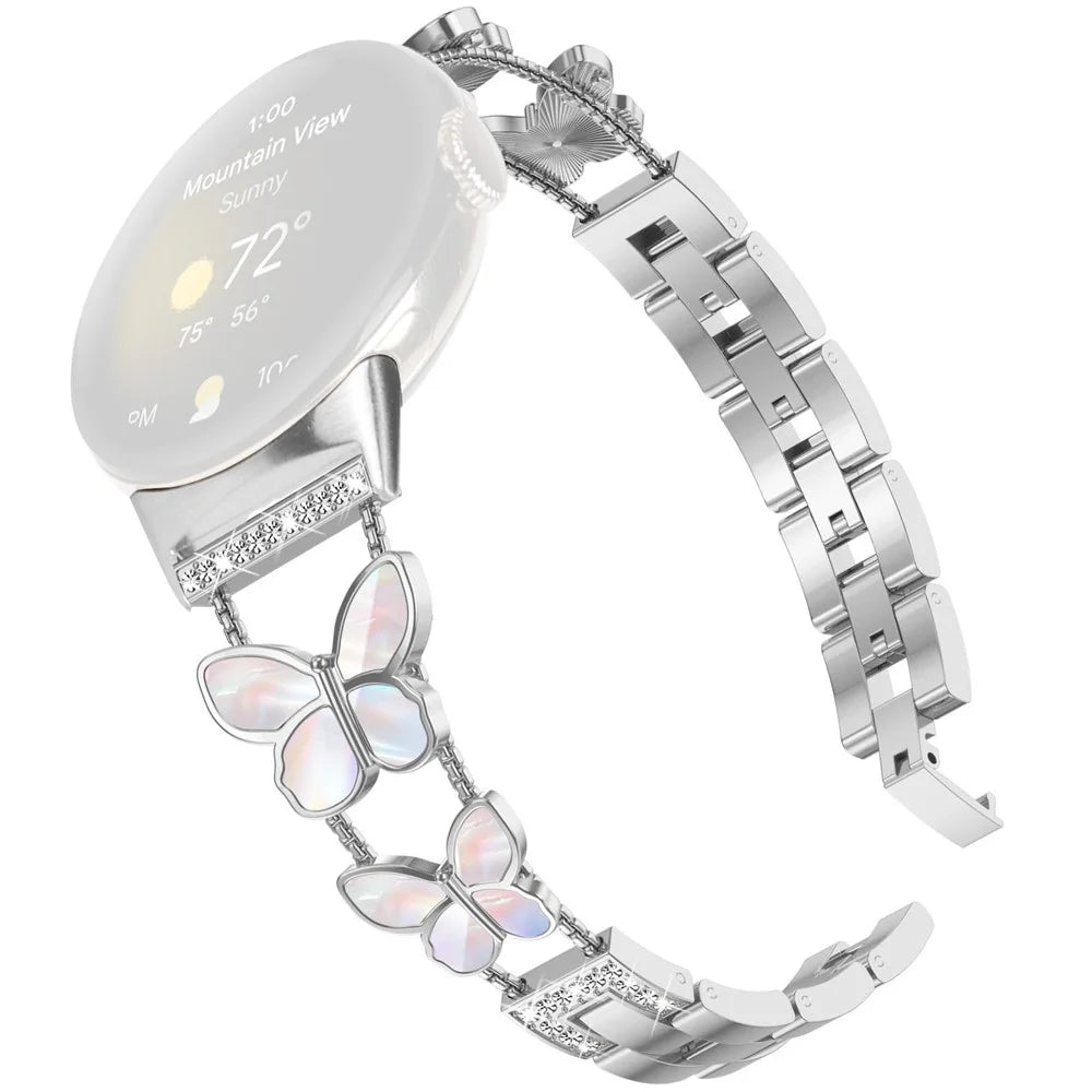 Watch Band for Google Pixel Watch 4 41mm / Watch 3 41mm / Watch 2 / Watch , Butterfly Rhinestone Decor Metal Chain Wrist Strap - Silver - 1