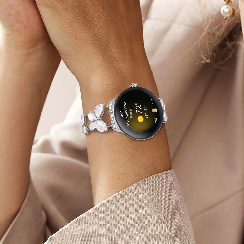 Watch Band for Google Pixel Watch 4 41mm / Watch 3 41mm / Watch 2 / Watch , Butterfly Rhinestone Decor Metal Chain Wrist Strap - Silver - 7