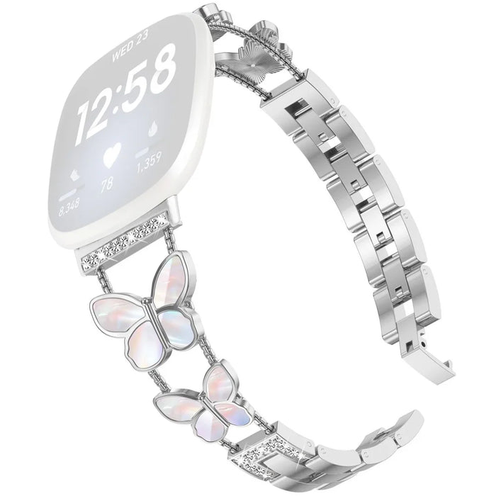 Watch Band for 	Fitbit Versa 4 / Versa 3 / Sense 2 , Butterfly Rhinestone Decor Metal Chain Wrist Strap - Silver - 1