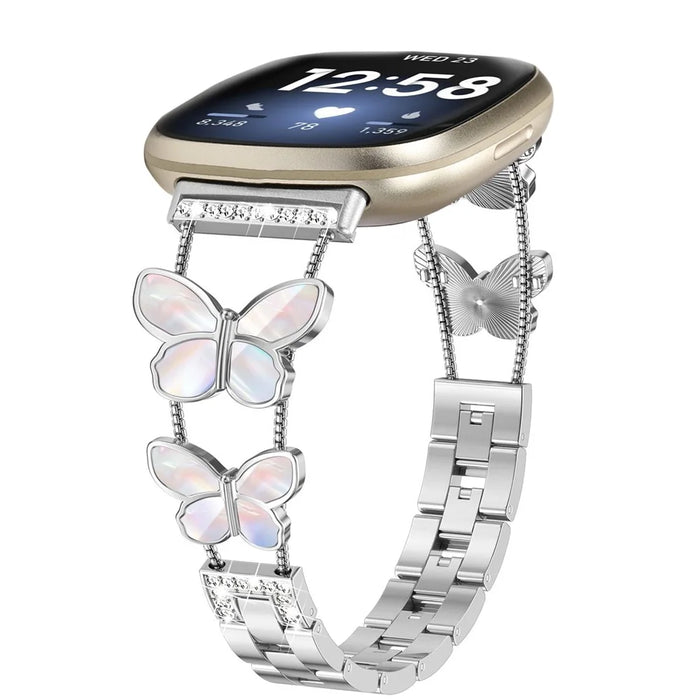Watch Band for 	Fitbit Versa 4 / Versa 3 / Sense 2 , Butterfly Rhinestone Decor Metal Chain Wrist Strap - Silver - 3