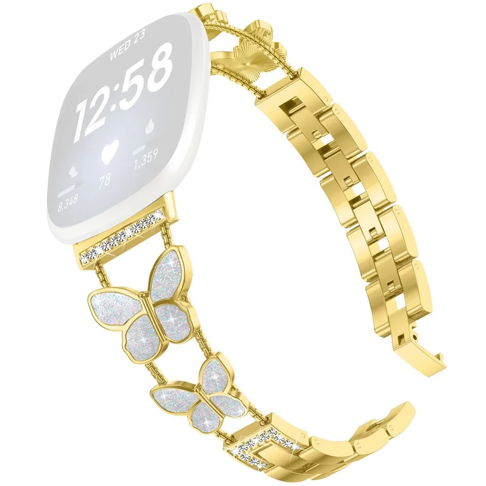 Watch Band for Fitbit Versa 4 / Versa 3 / Sense 2 , Butterfly Rhinestone Decor Electroplated Alloy Strap - Gold / Glitter Shell - 1