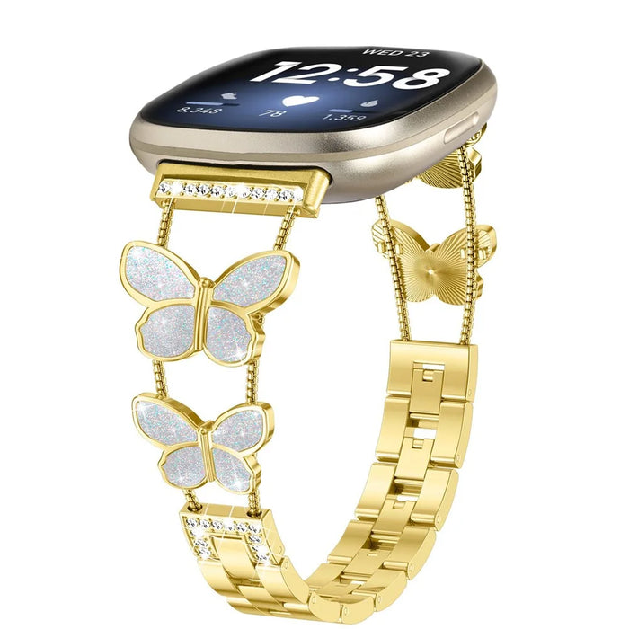 Watch Band for Fitbit Versa 4 / Versa 3 / Sense 2 , Butterfly Rhinestone Decor Electroplated Alloy Strap - Gold / Glitter Shell - 3