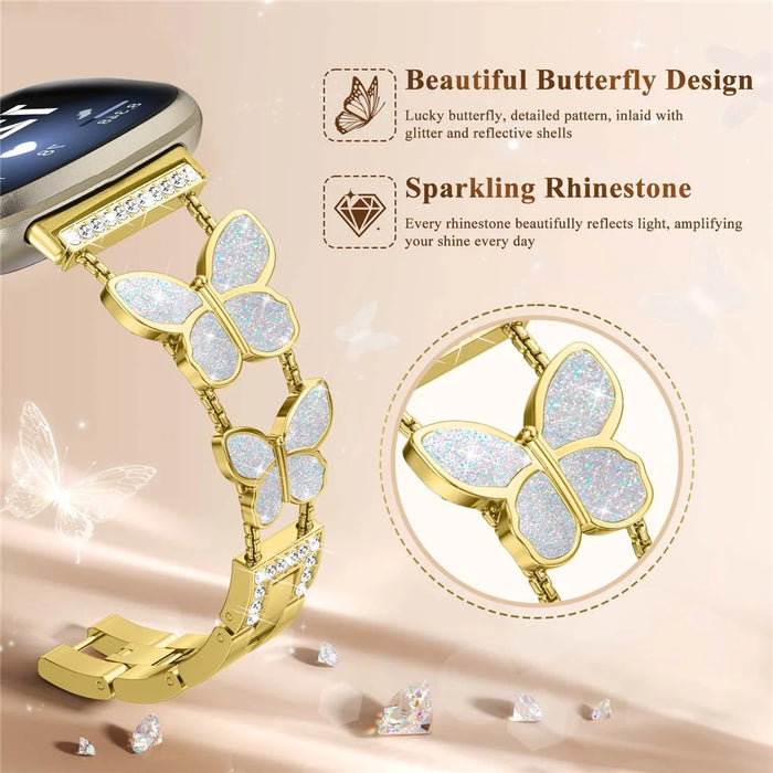 Watch Band for Fitbit Versa 4 / Versa 3 / Sense 2 , Butterfly Rhinestone Decor Electroplated Alloy Strap - Gold / Glitter Shell - 4